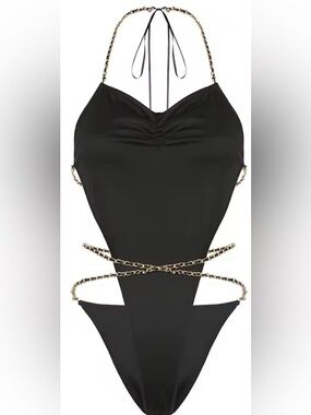 Fashion Nova Black One-Piece Swimsuit with Gold Chain Straps